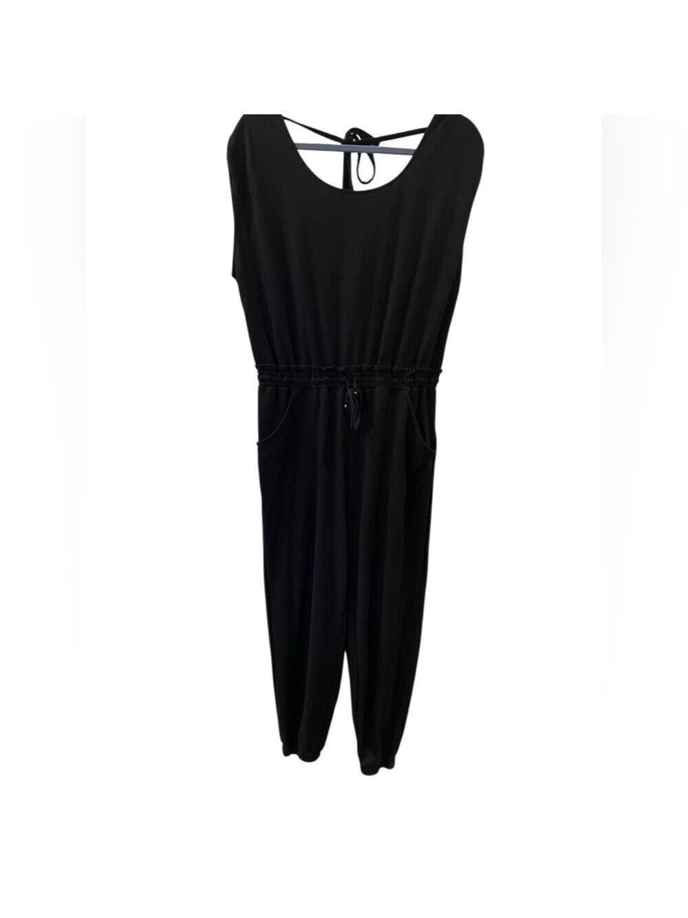 Max Studio Womens Black Wide Leg Jumpsuit Cinched Waist Scoop Neck Pockets Large